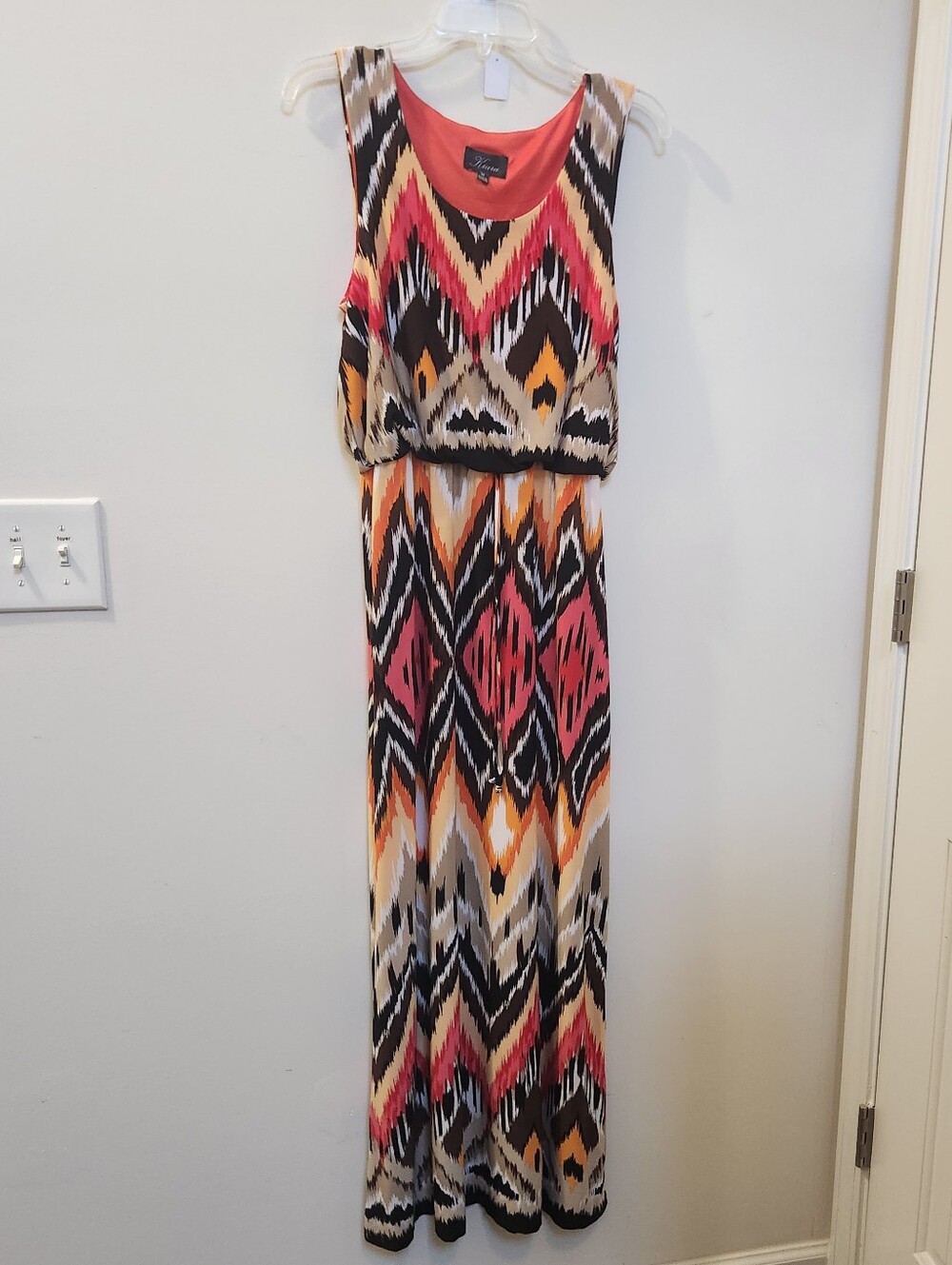Sleeveless Chevron Maxi Dress in Coral, Black & Yellow